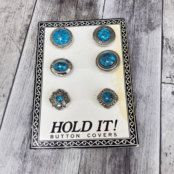 Hold it! Button Covers Accessories Jewelry Turquoise Silver Western Artsy Boho - Picture 1 of 4